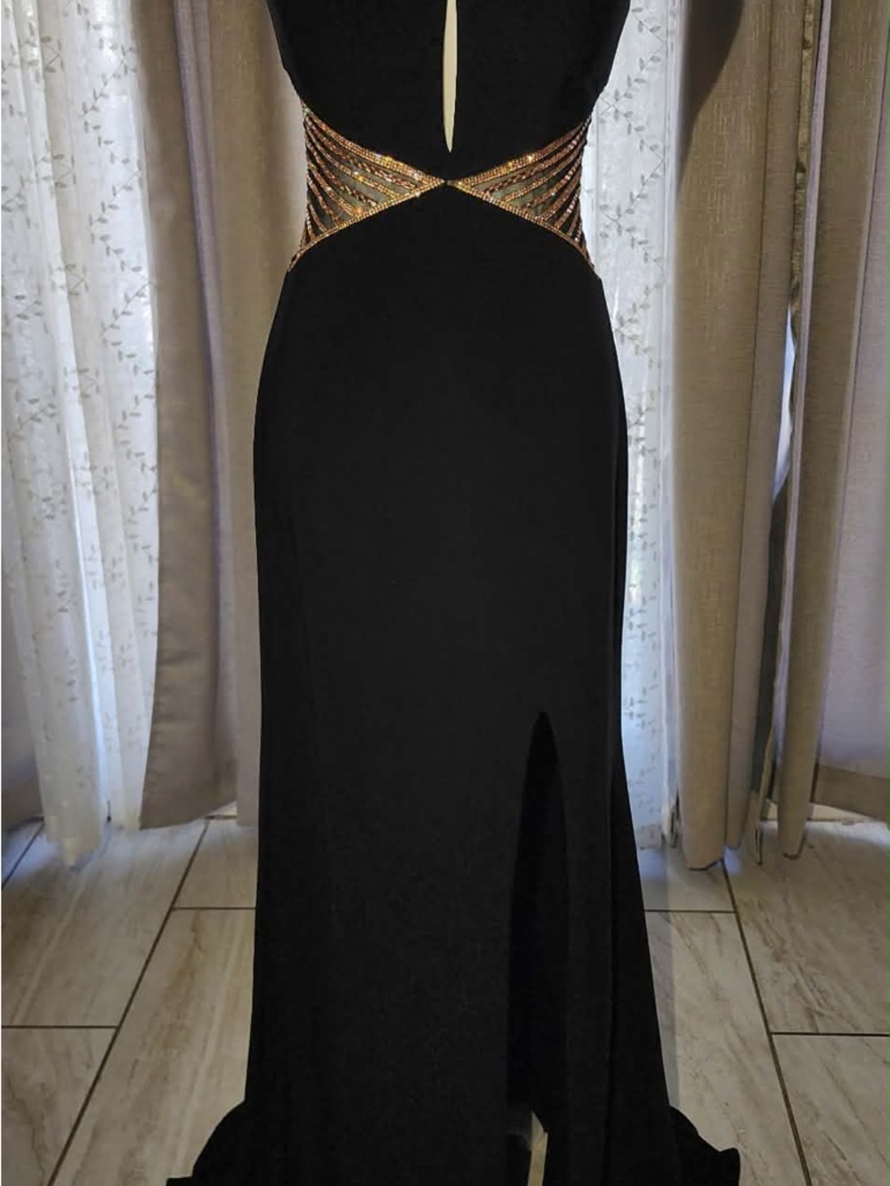 madison james Black Evening Gown with Gold Beaded Waist